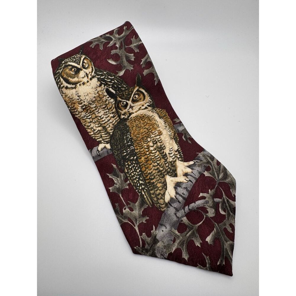 Endangered Species Great Horned Owls 1998 Marc Dennis Silk Made in USA Birds VTG